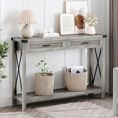 Farmhouse Entryway Table, Grey Console Table with Rattan Drawers, 43