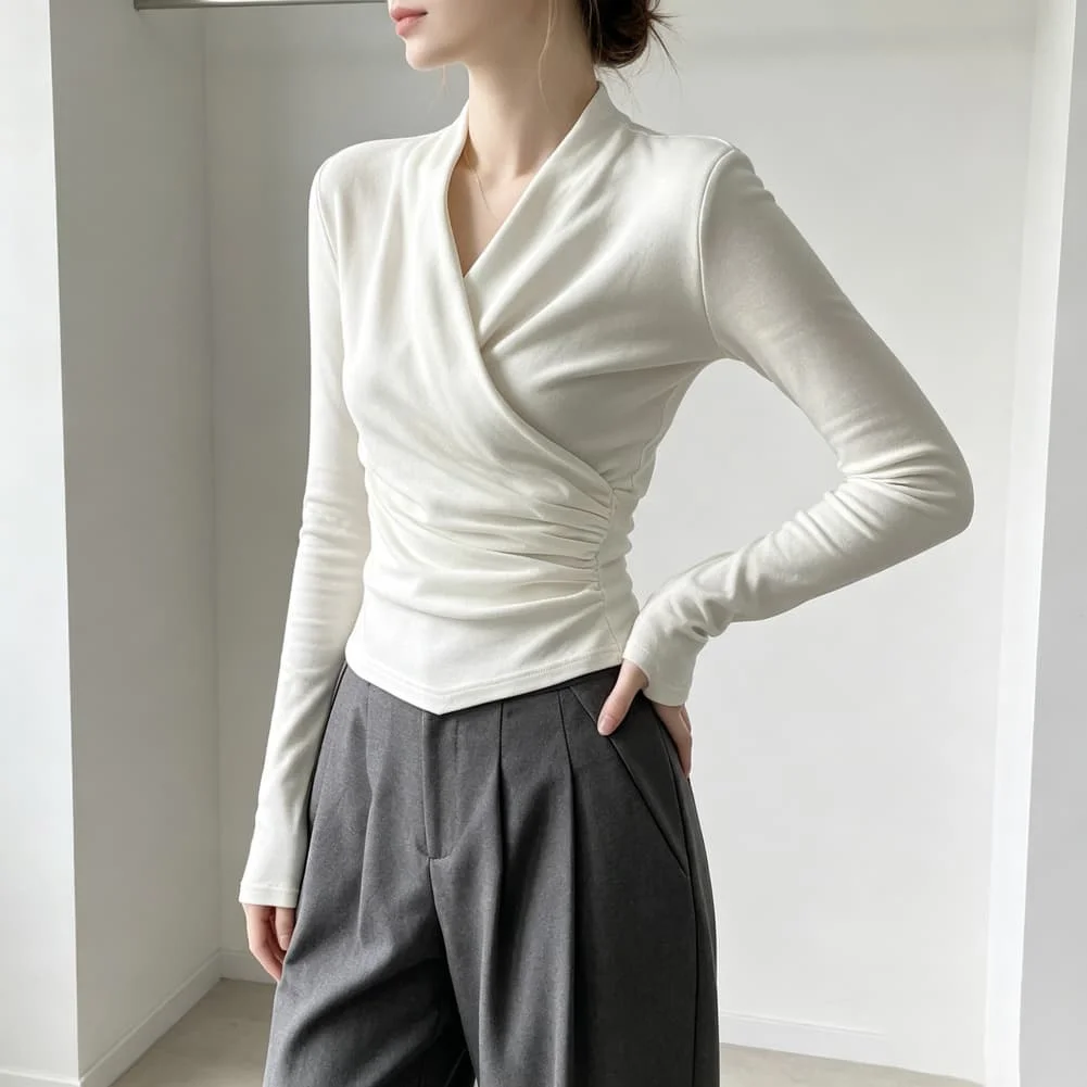 Women's Solid Color Over for v Neck Pleated for Fit Long Sleeve T Shirt for Summer Vacation Beach and Cycling Activities
