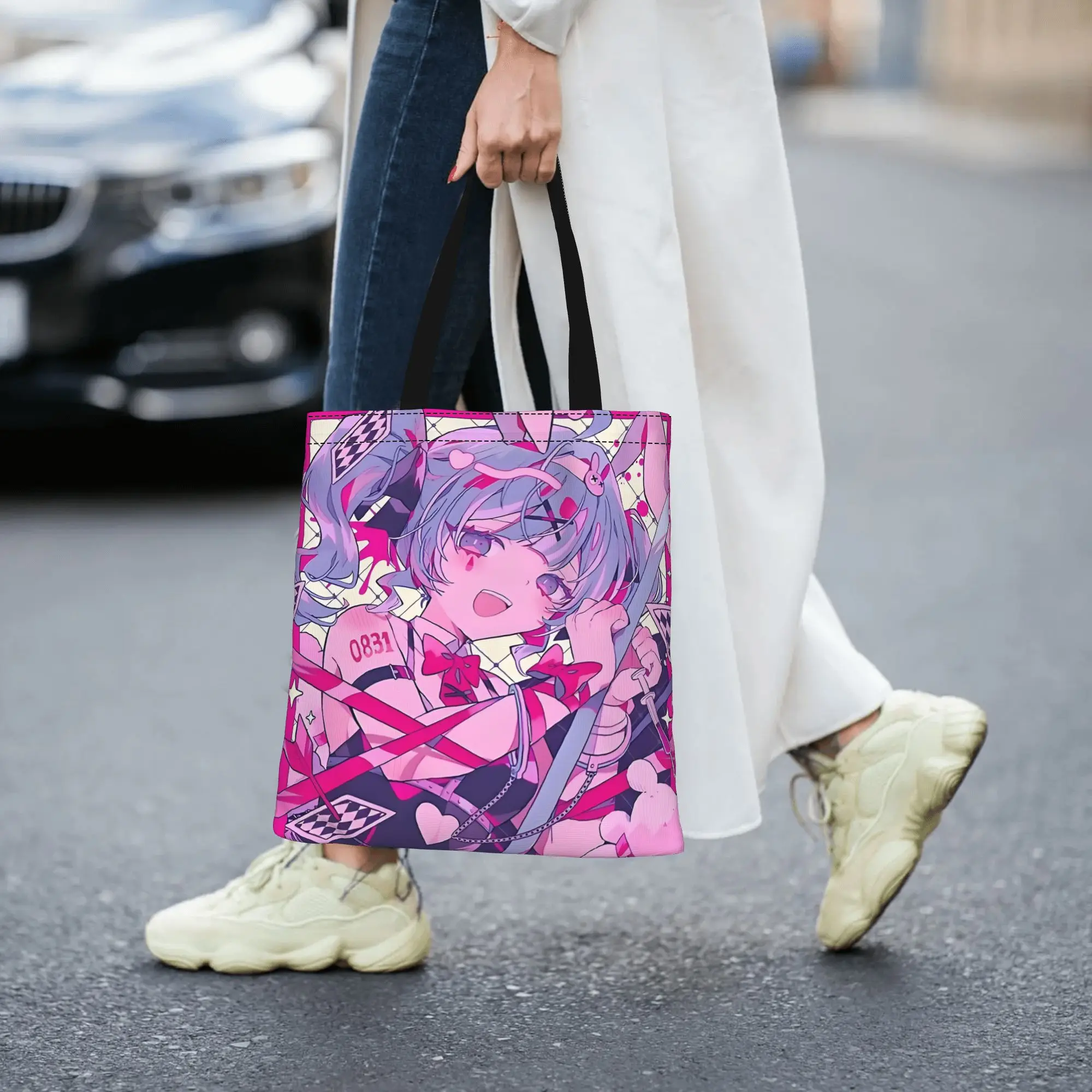 Customized Hatsune Miku Cartoon Singer Women's Bag Shopping Bag Reusable Double Sided Canvas Tote Bag Shoulder  Handbag