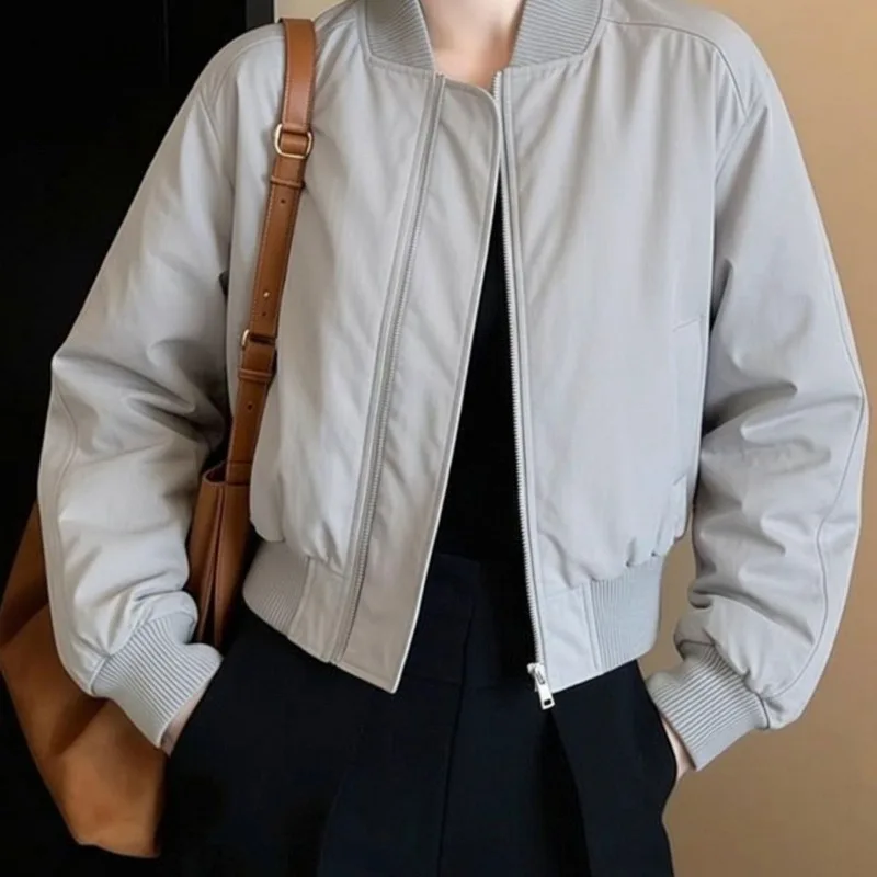 Women's Minimalist Casual Zip Up Baseball Bomber Jacket Cropped Long Sleeve 2026 Autumn Commute Workwear Slim Fit Bright Color view 3