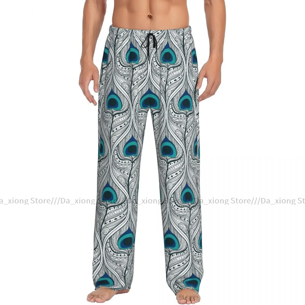 Mens Casual Pajama Long Pant Loose Elastic Waistband Peacock Feathers Seamless Cozy Sleepwear Home Lounge Pants