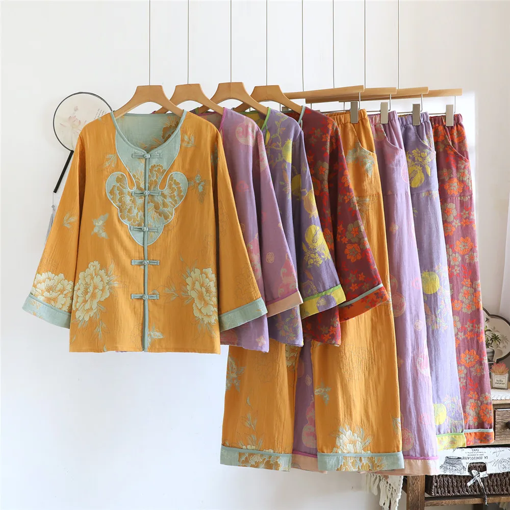 

Summer Women's Sleepwear Set Chinese Style Cotton Long Sleeve Two-Piece Home Comfortwear