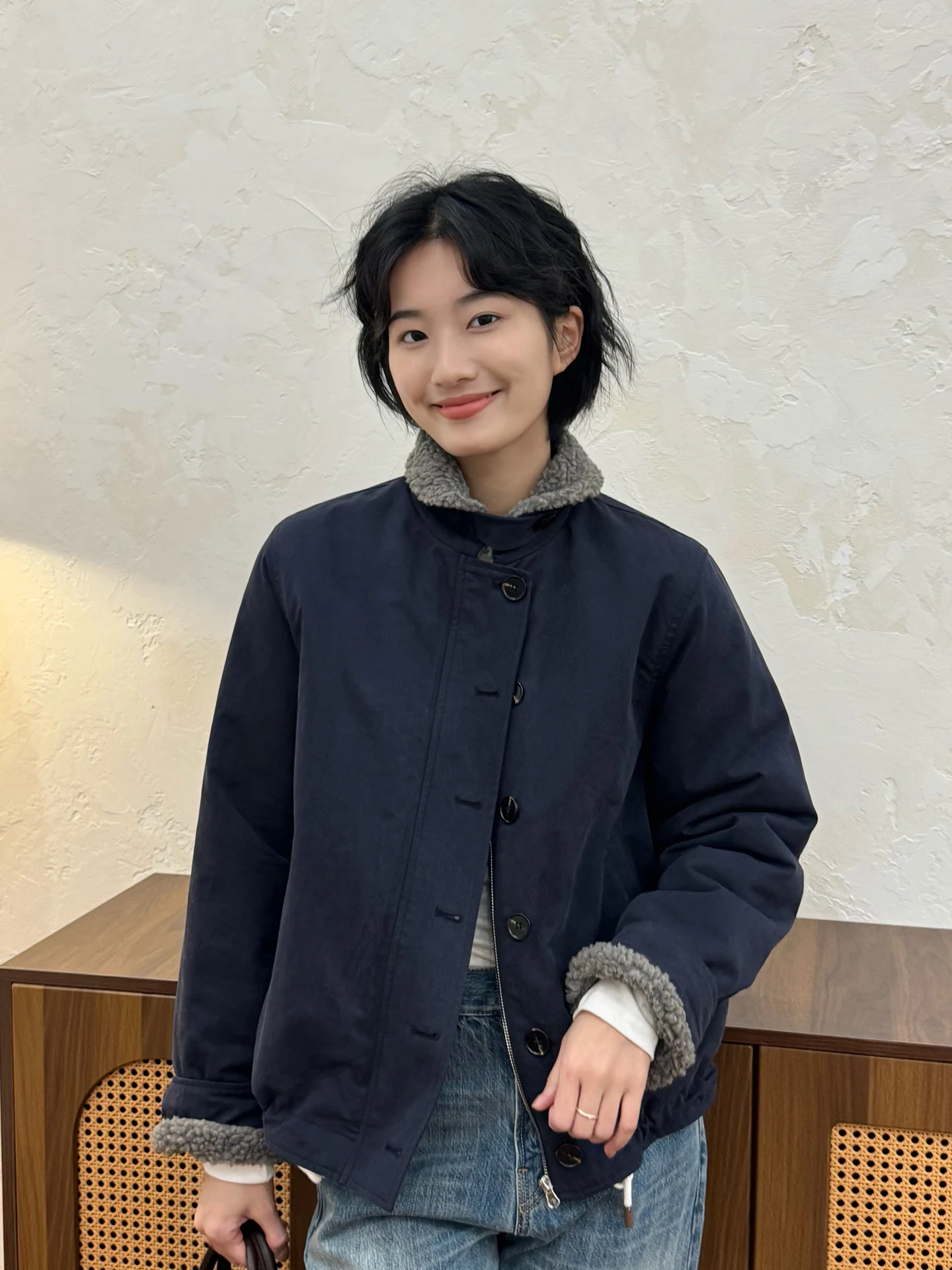 

Zhou Xiaoya k Blue Simple 2025 Autumn Winter New Faion Turn-down Collar Thi Long Sve Fur Coat Cotton Jaet Women