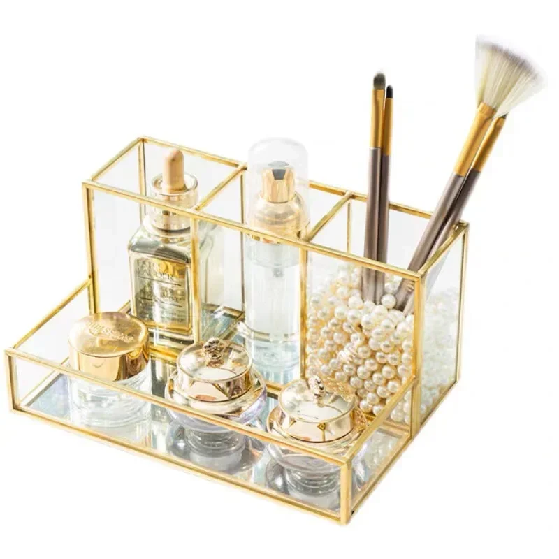 Luxury Makeup Brush Blush Brush Storage Bucket Glass Metal Ornaments Home Decoration Desktop Table Makeup Storage Tube Organizer