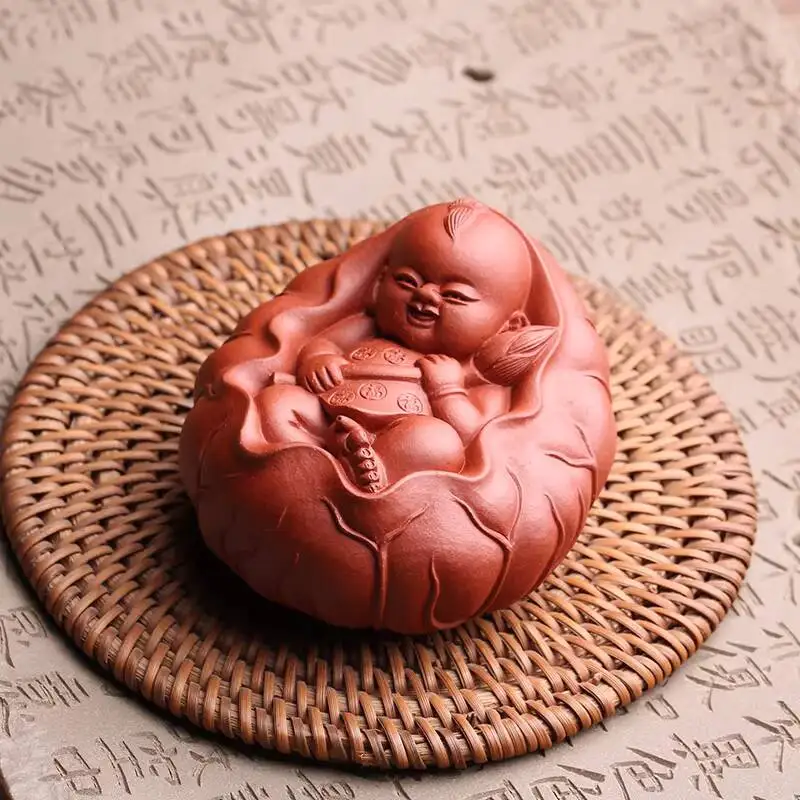 Yixing Purple Clay Pet Figurine: Child Maitreya, Good Luck Lotus, Lion Dance Man Zhang Aicheng, Handmade Set, Ornament, Can Be