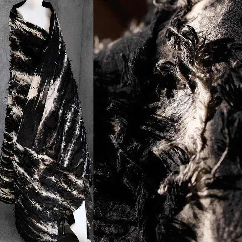 Black Apricot Ink Dyed Cotton Fabric Distressed Fringe Three Dimensional Texture Retro Jacket Dress Clothing DIY Designer Cloth