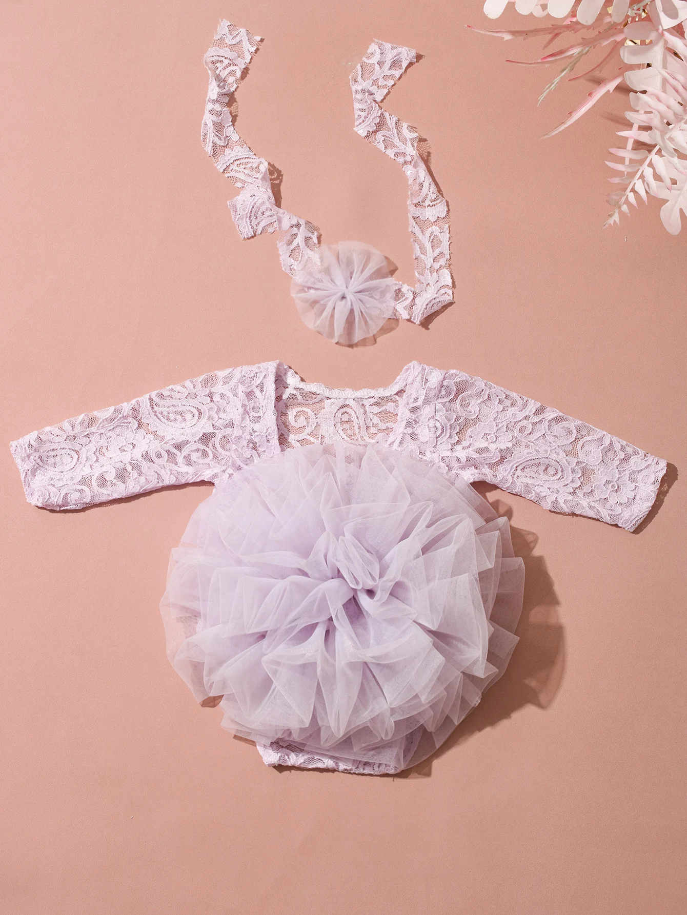 Ylsteed 2-teiliges Set, staubiger rosa Spitzen-Strampler für Neugeborene für Fotoshootings, flauschige Mesh-Spitzen-Fotografie-Outfits mit Stirnband – Detail 19