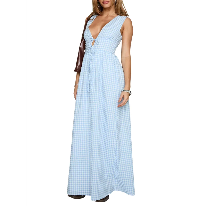 CYL-Women الخامس الرقبة فستان ماكسي بوهو فلوي فستان طويل الأزهار فضفاضة تناسب الصيف فستان الشمس Y2K الخروج فساتين الشاطئ