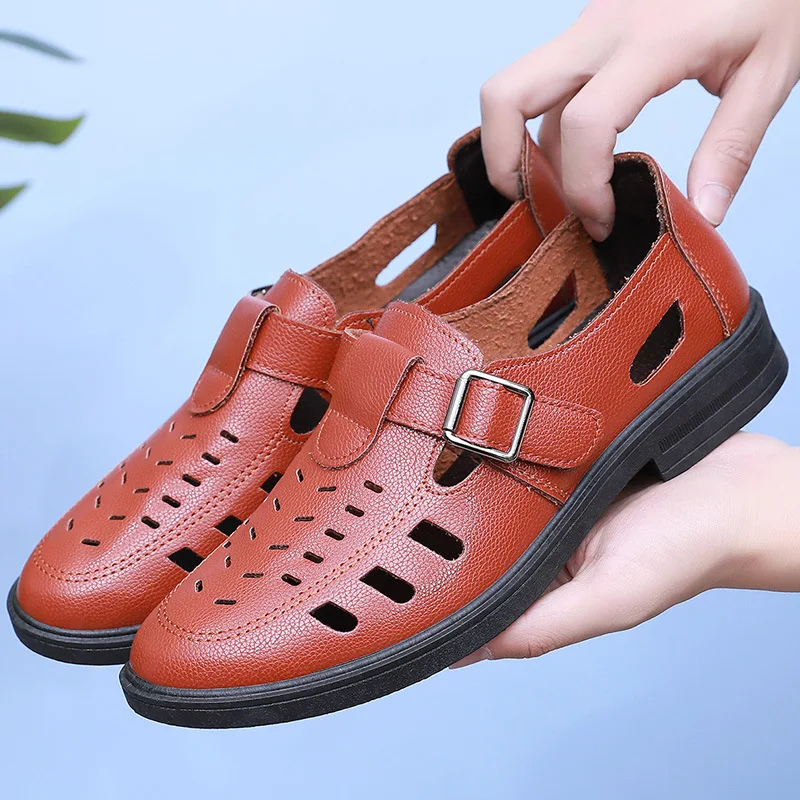 2026 Summer Hollow Out PU Leather Sandals For Men, Daily Casual, Breathable, Soft soled, Hole Shoes, Business Dad Shoes For Male