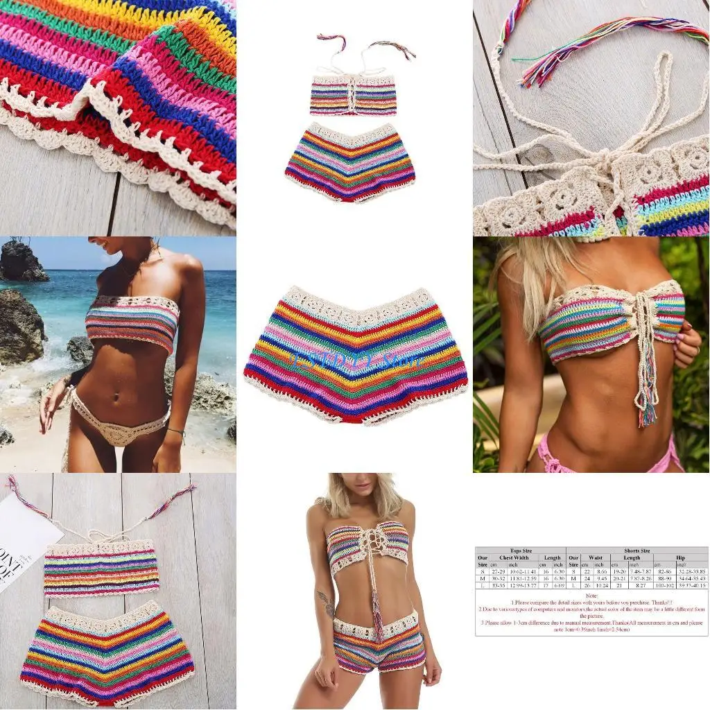 

G6DE Womens Sexy Bohemian Rainbow Handmade Crochet Knitted Drawstring Lace