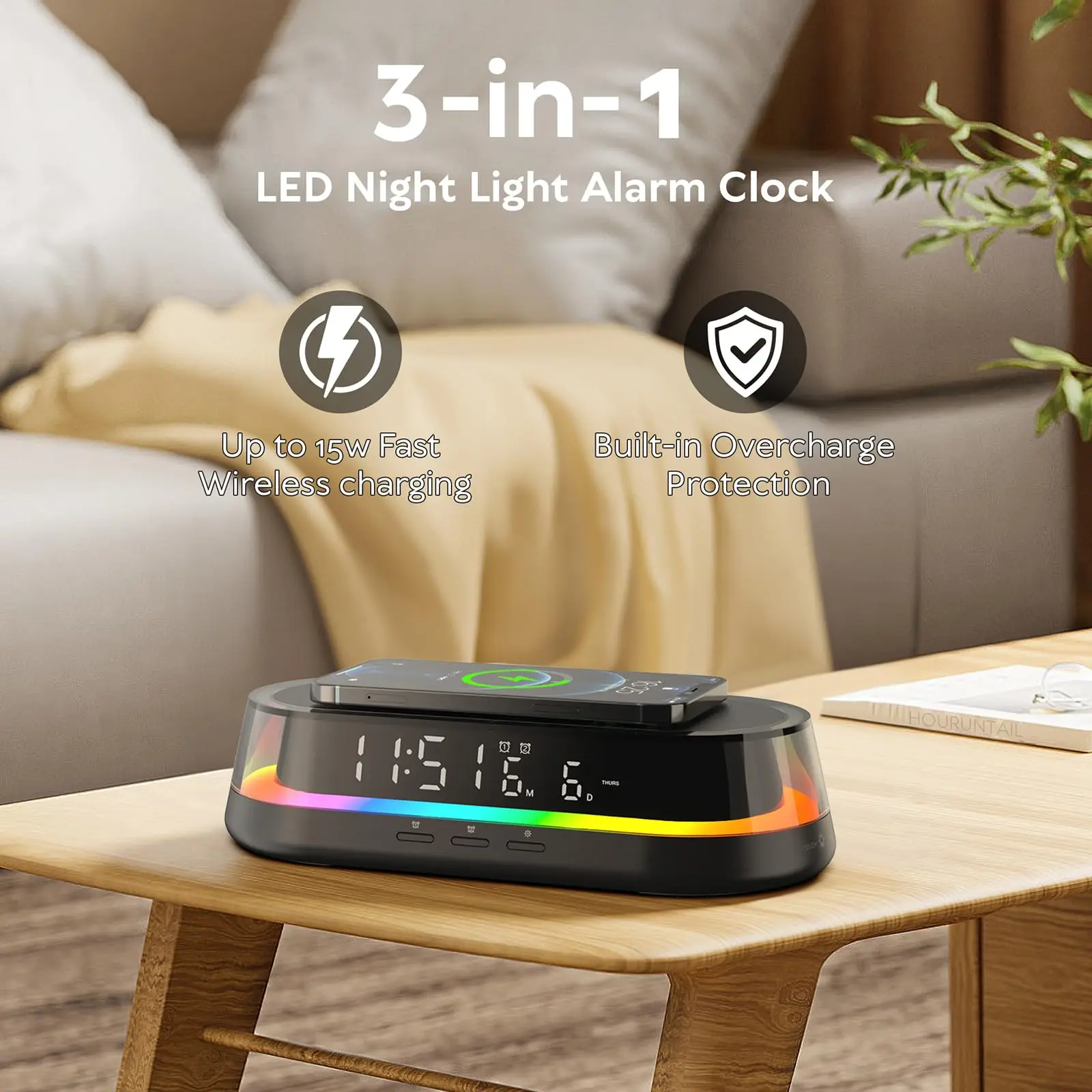 Colsur S93L Wireless charger 15W adjustable brightness bedside lamp, symphonic lamp bedroom custom alarm clock desk lamp charger