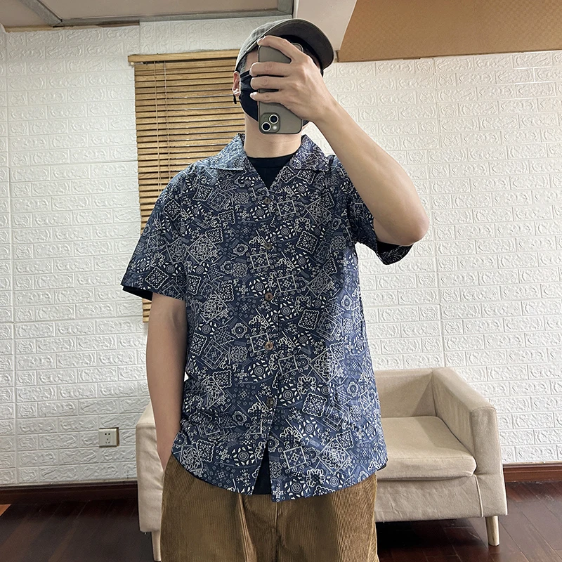 Cuban collar shirt men's short sleeve Hawaiian casual American vintage yuppi cotton beach check floral tops male Cool holidays