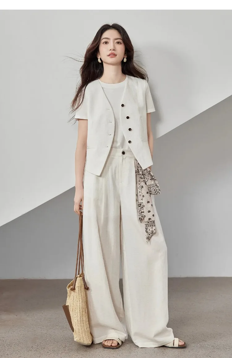 SENTUBILA Office 2 Piece Pant Set 2026 Women Linen Blend Summer Suit V Neck Waistcoat Wide Leg Baggy Pant Print Scarf 162ZA5663Z