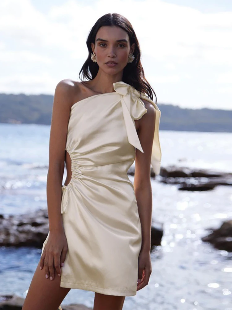 Fantoye satén Sexy un hombro ahuecado arco mujeres vestido albaricoque sin mangas vestido con cordones verano ajustado elegante vestido de fiesta Club