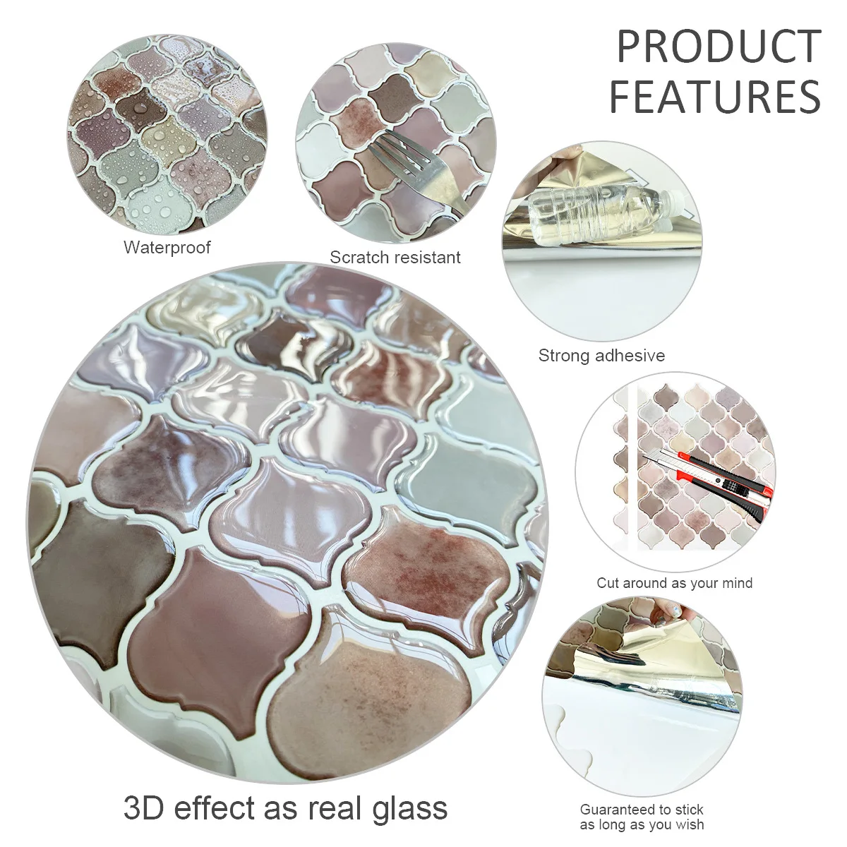 6Pcs 25.4x25.4cm 3D Gourd Shape Wall Stickers, Crystal-like Epoxy Resin Art, Self-Adhesive Waterproof Decor for Bathroom