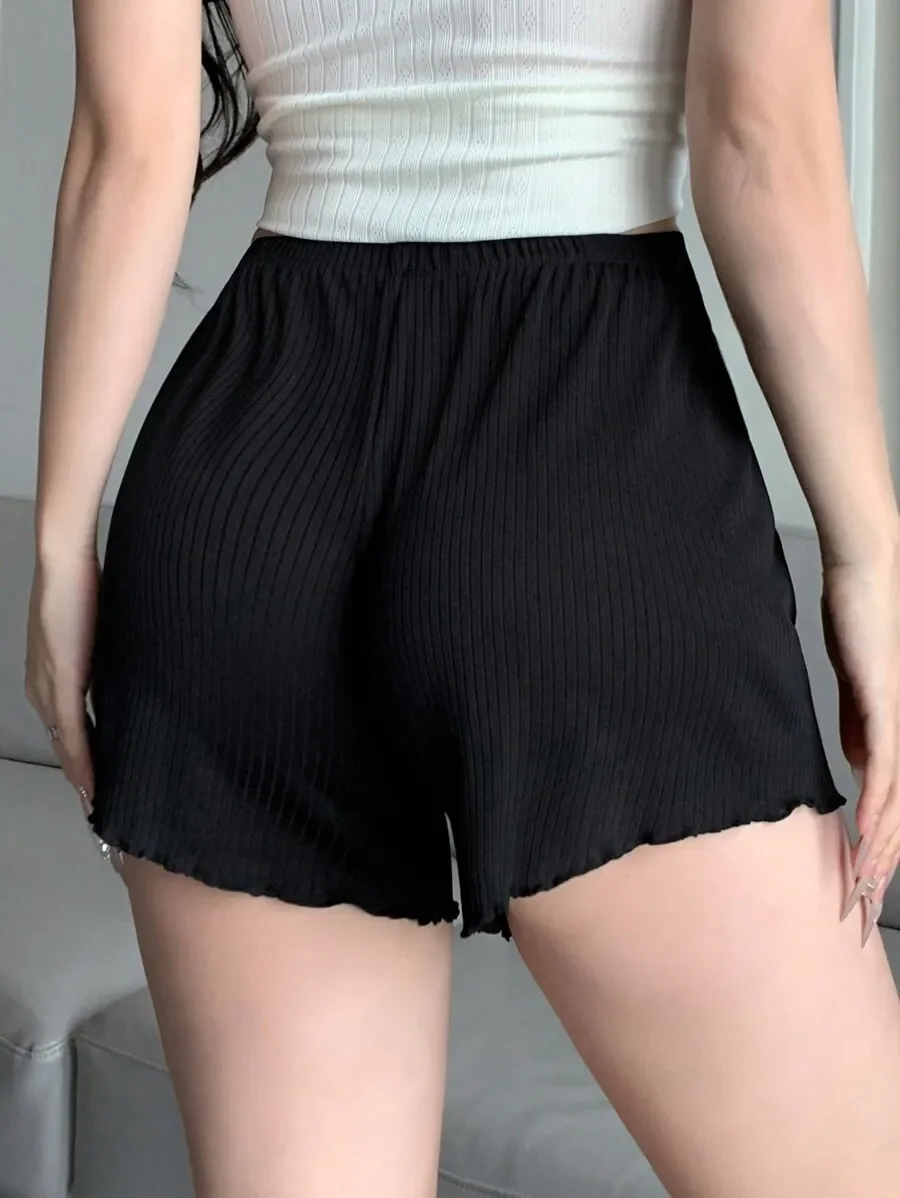 

Black Ribbed Shorts With Wavy Hem For Women