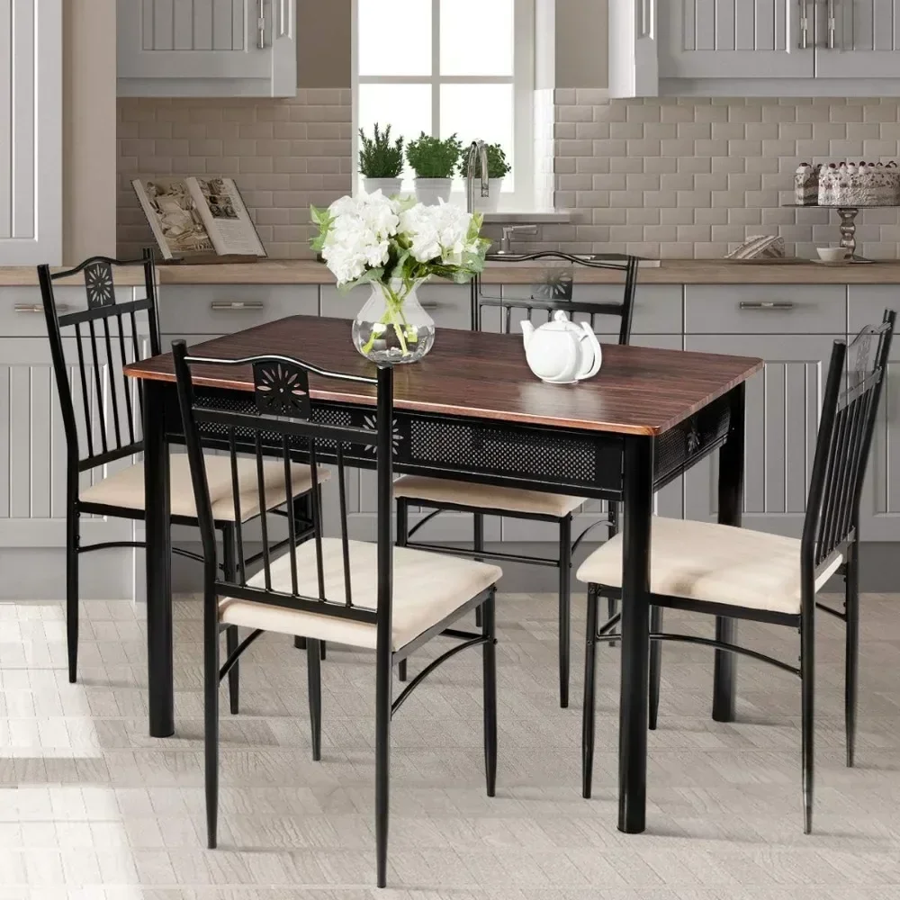 5 Piece Dining Table and Chairs Set Vintage Wood Top Metal Frame Padded Seat Diner Table Set Dining Room Furniture