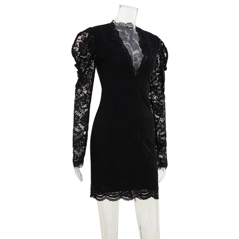 CNYISHE Long Sleeve Deep V Neck Autum Women Dresses Sheath Bodycon Sexy Club Lace Sheer Female Outfits Party Vestidos Hip Wrap