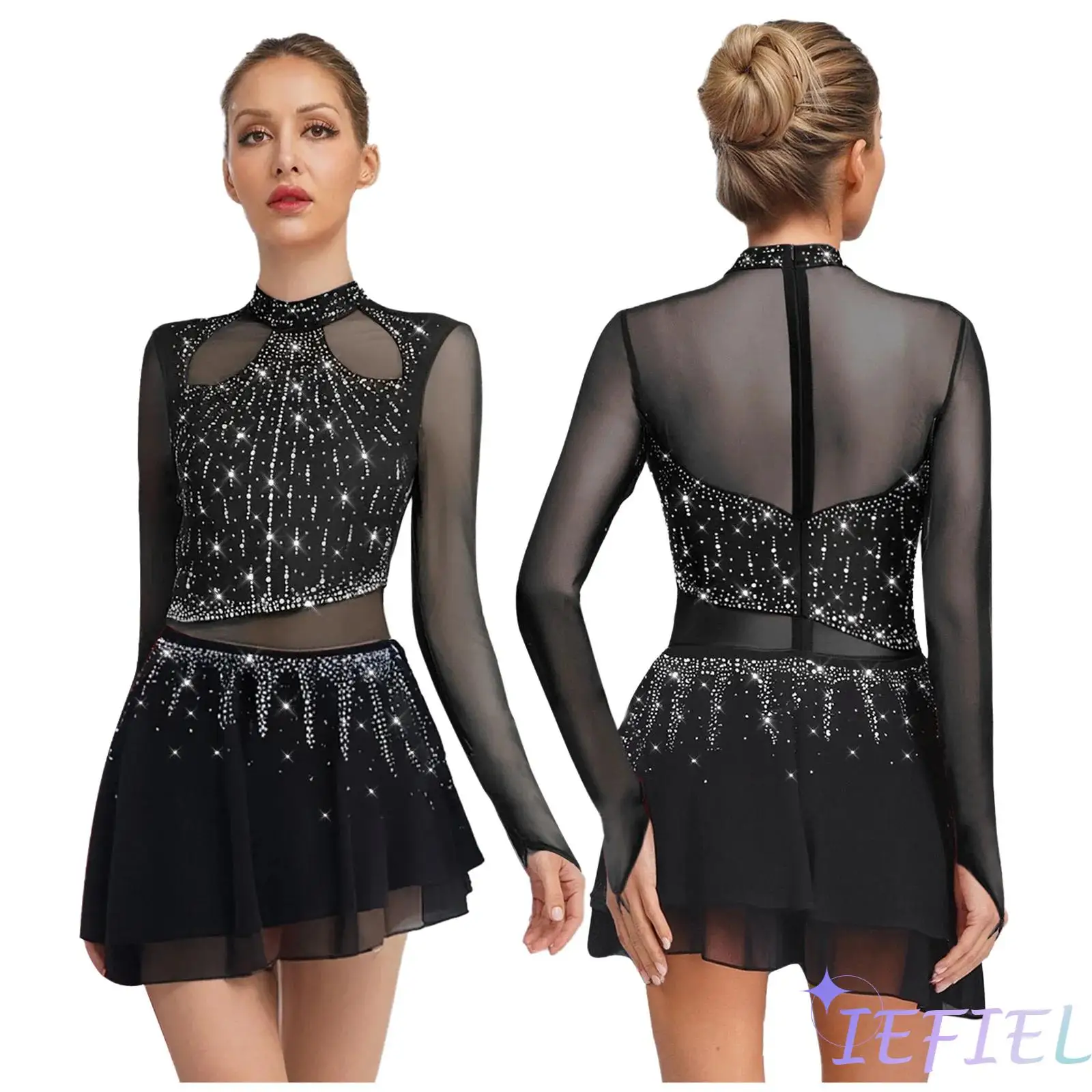 

Womens Lyrcial Jazz Dance Dress Rhinestone Long Sleeve Chiffon Skirt Bodysuit Figure Skating Modern Performance Dance Costume
