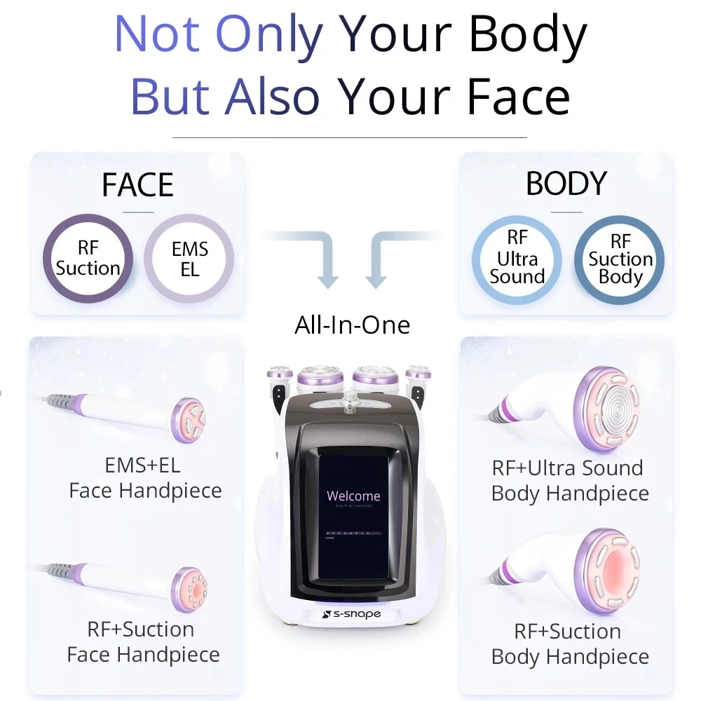 S-SHAPE Ultrasonic 30K Cavitation Machine EMS EL Anti-aging Vacuum Radio Rrequency Skin Tightening Body Slimming Machine2024