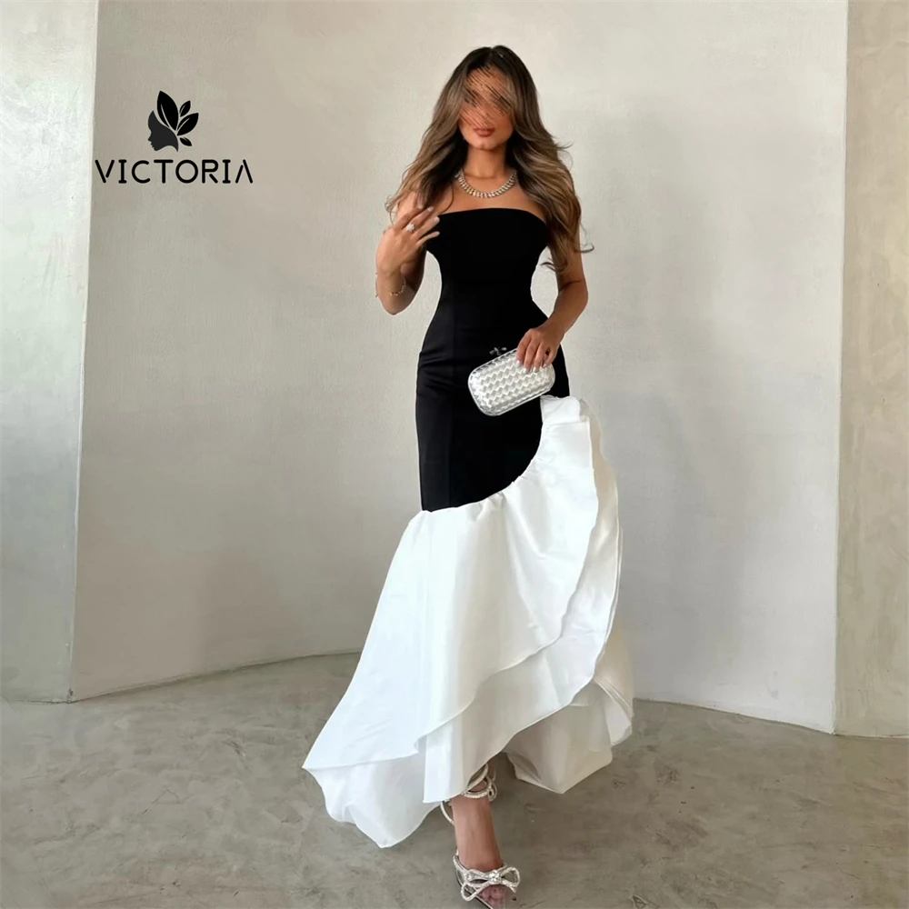 

Black And White Evening Party Dresses Arabic Women Strapless Asymmetric Prom Gowns 2025 Formal Party Dress Customized