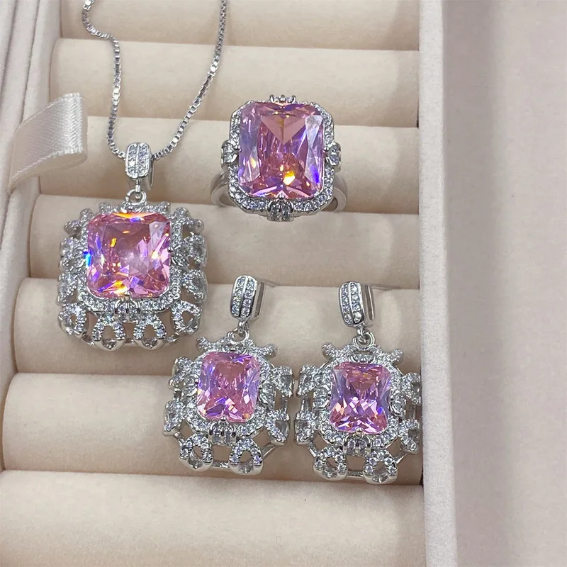 French-style pink zirconium high-end imitation pink crystal luxurious full-diamond pendant for ladies' evening banquet ring and