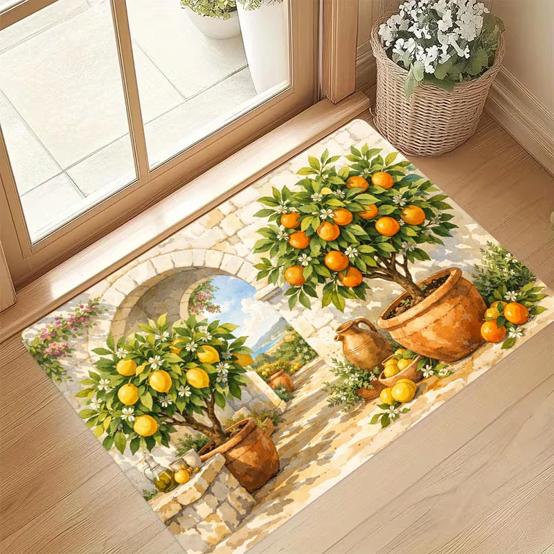 1pc, 2D Flat Mediterranean Lemon Tree Archway Flannel Door Mat Non Slip Summer Garden Rug For Entryway Patio Floor