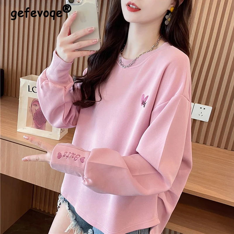 

Women Clothing Trendy Ruffled Embroidery Sweet Chic Streetwear Sweatshirt Y2K Casual Round Neck Long Sleeve Loose Irregular Tops