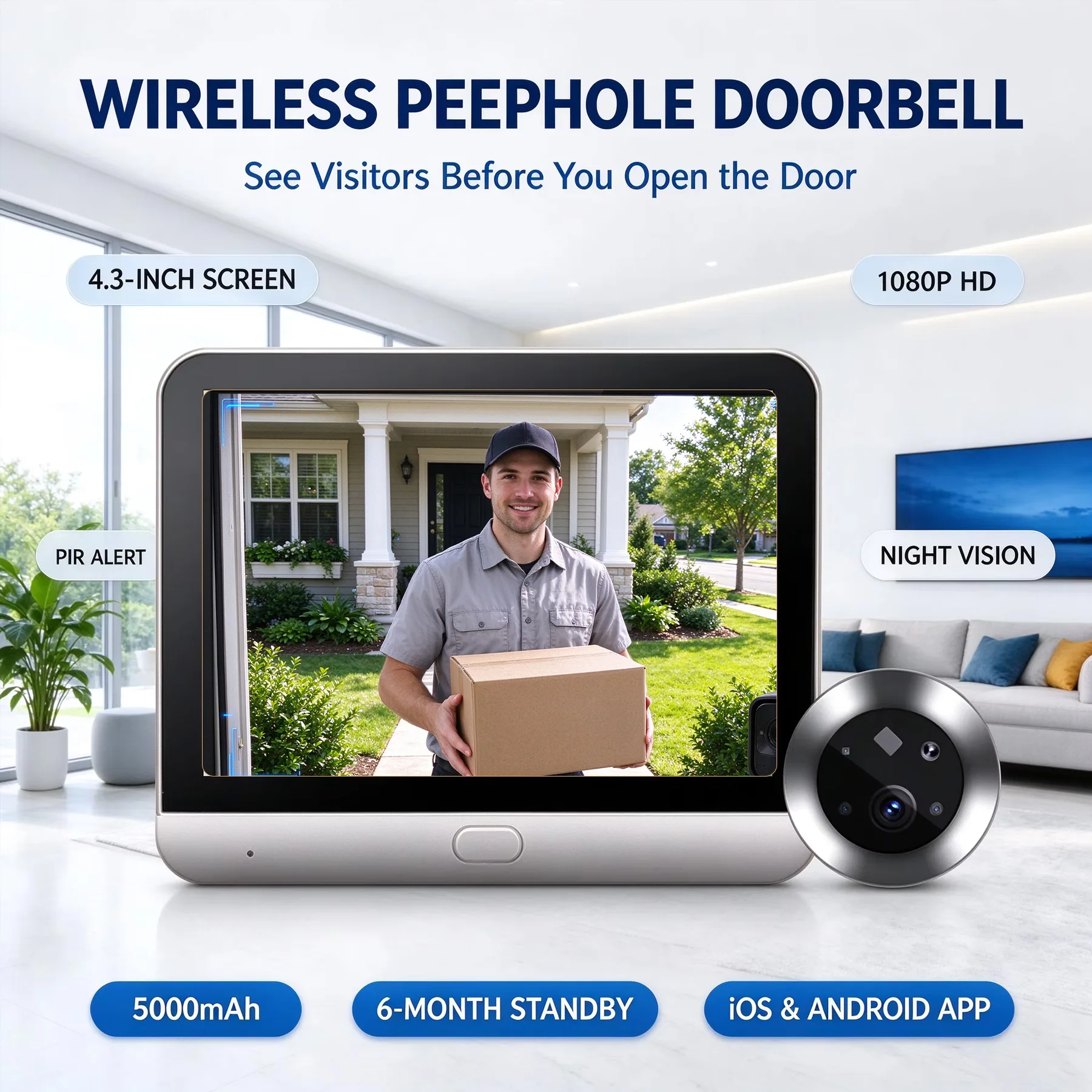 Tuya WiFi Smart Peephole Doorbell Camera 140° Wide Angle 4.3inch Display PIR Detection Long Standby Home Security Cam