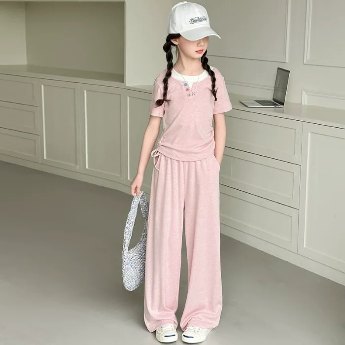

Girls' summer clothes, stylish new ice silk casual sports children's short sleeved pants two-piece set