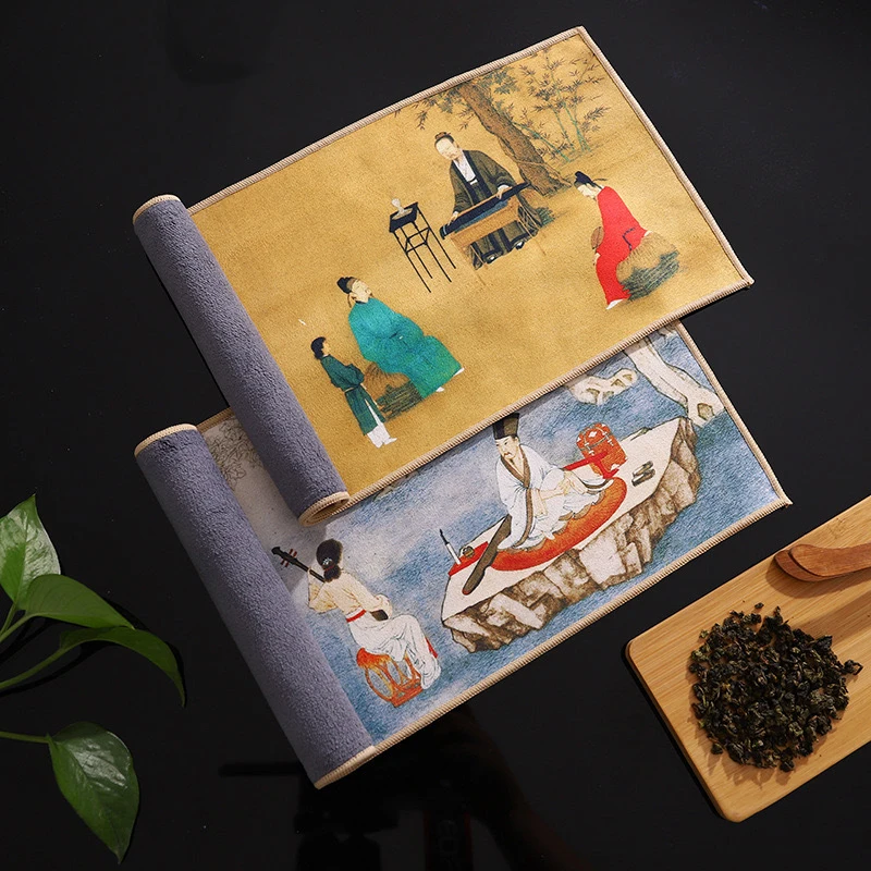 Double-sided Composite Suede Chinese Style Ancient Painting Thickened Absorbent High-grade Tea Towel Tea Ceremony Accessories