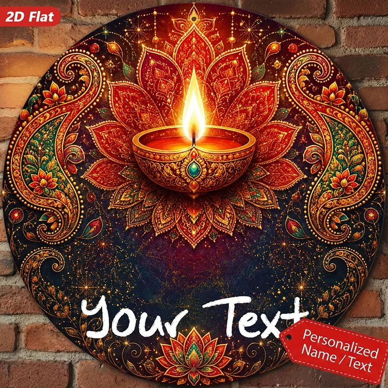 CIFBUY Retro Diwali Oil Lamp Lotus Mandala Aluminum Wall Art Waterproof Wearproof Metal Sign Home Yard Room Decor Gift