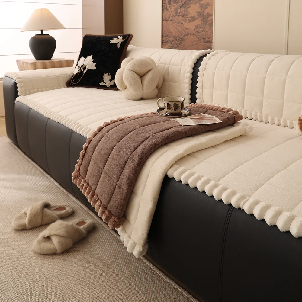 Solid‑Color Suede Sofa Cushion Pad, Anti‑Slip One‑Piece Laying Mat Machine Washable Pet‑Friendly Sofa Furniture Protector