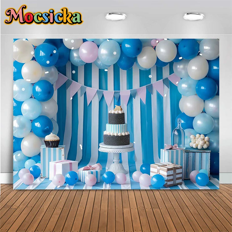 Cake Crush Photography Background Balloon Bluey White Stripe Wall Backdrop Baby Shower Party Birthday Decoration Photo Backdrops