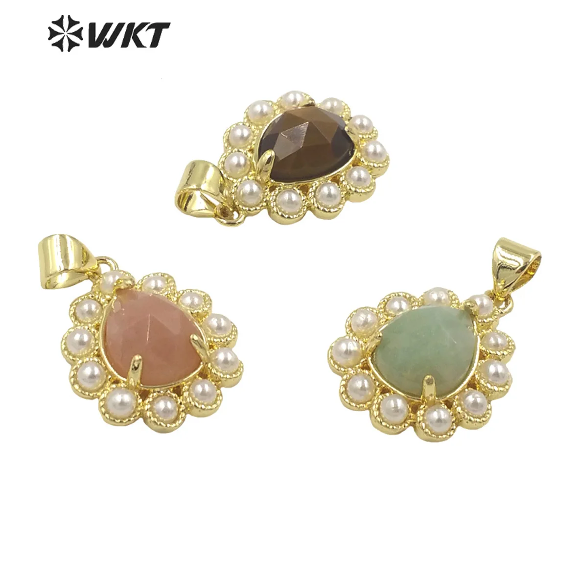 

WT-JP359 New Fashion Gold Tiny Drop Charming Gold Plated Natural Gemstone Pendants With Different Stone Setting In 10 PCS