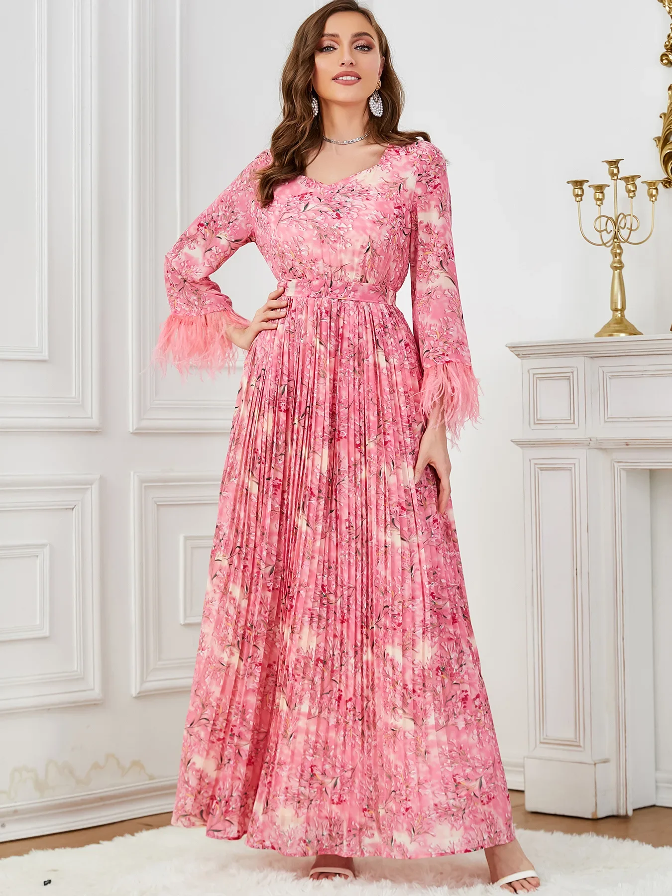 Eid Muslim Party Dress for Women Pletaed Print Long Dresses Ramadan Abaya Belt Kaftan Vestidos Largos Dubai Robe Jalabiya 2024