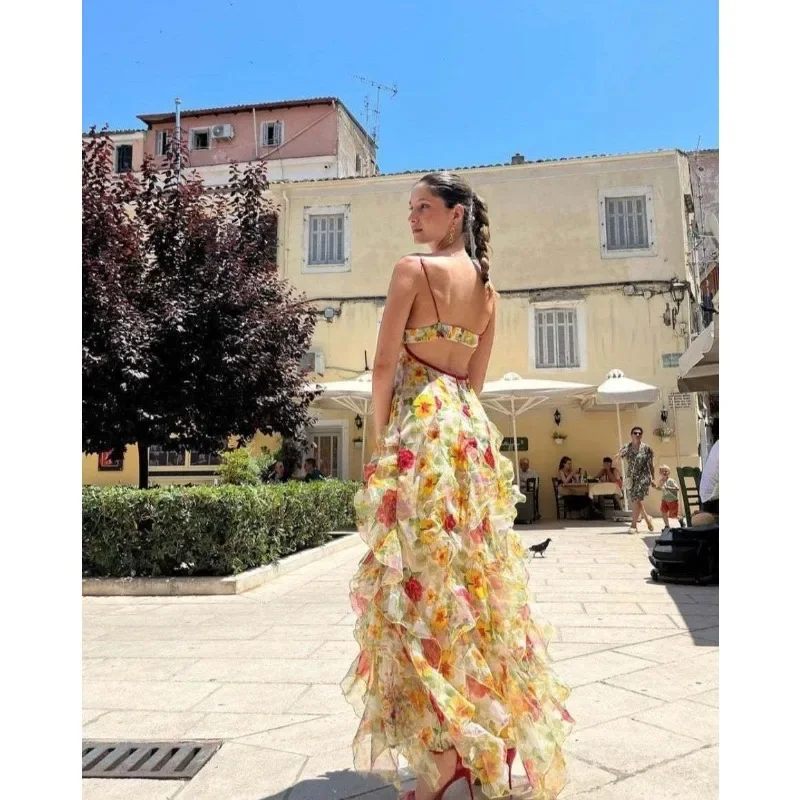 Fmxires Zomer Nieuwe 2025, Vrouwen Sexy V-hals Backless Bloem Chiffon Maxi Jurken Jurk Split Celebrity Uitgesneden Strand Maxi Jurk