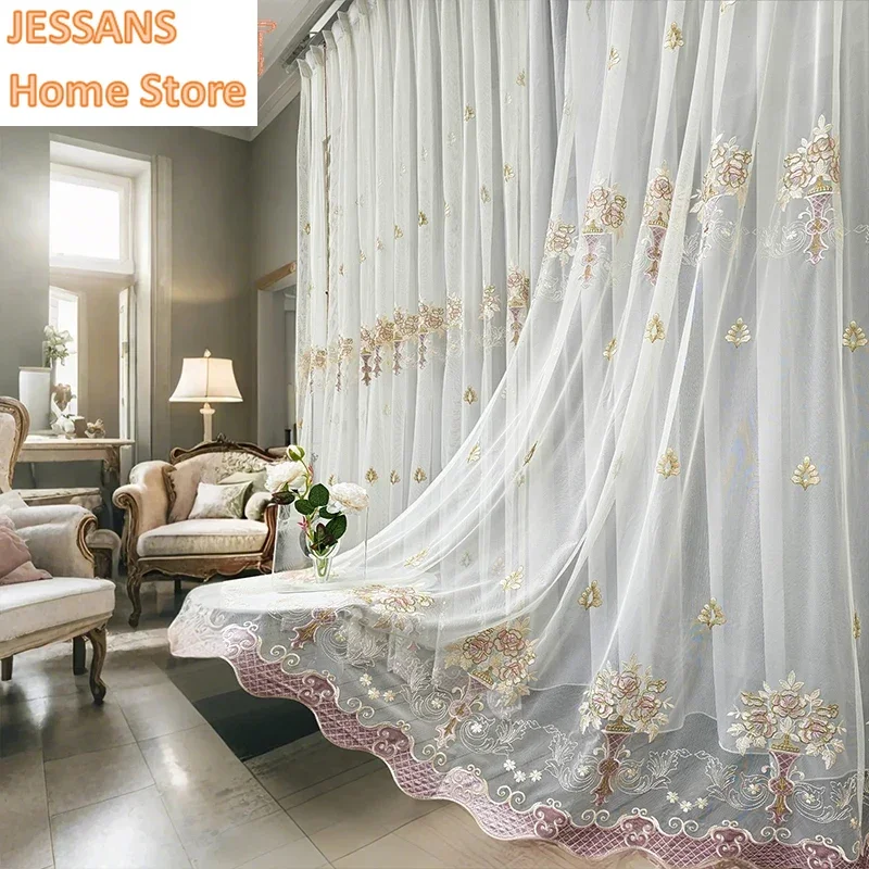 

High-end American Style Embroidered Tulle Curtain American Bedroom Living Room Curtains Door Screen Shutter Home Decor