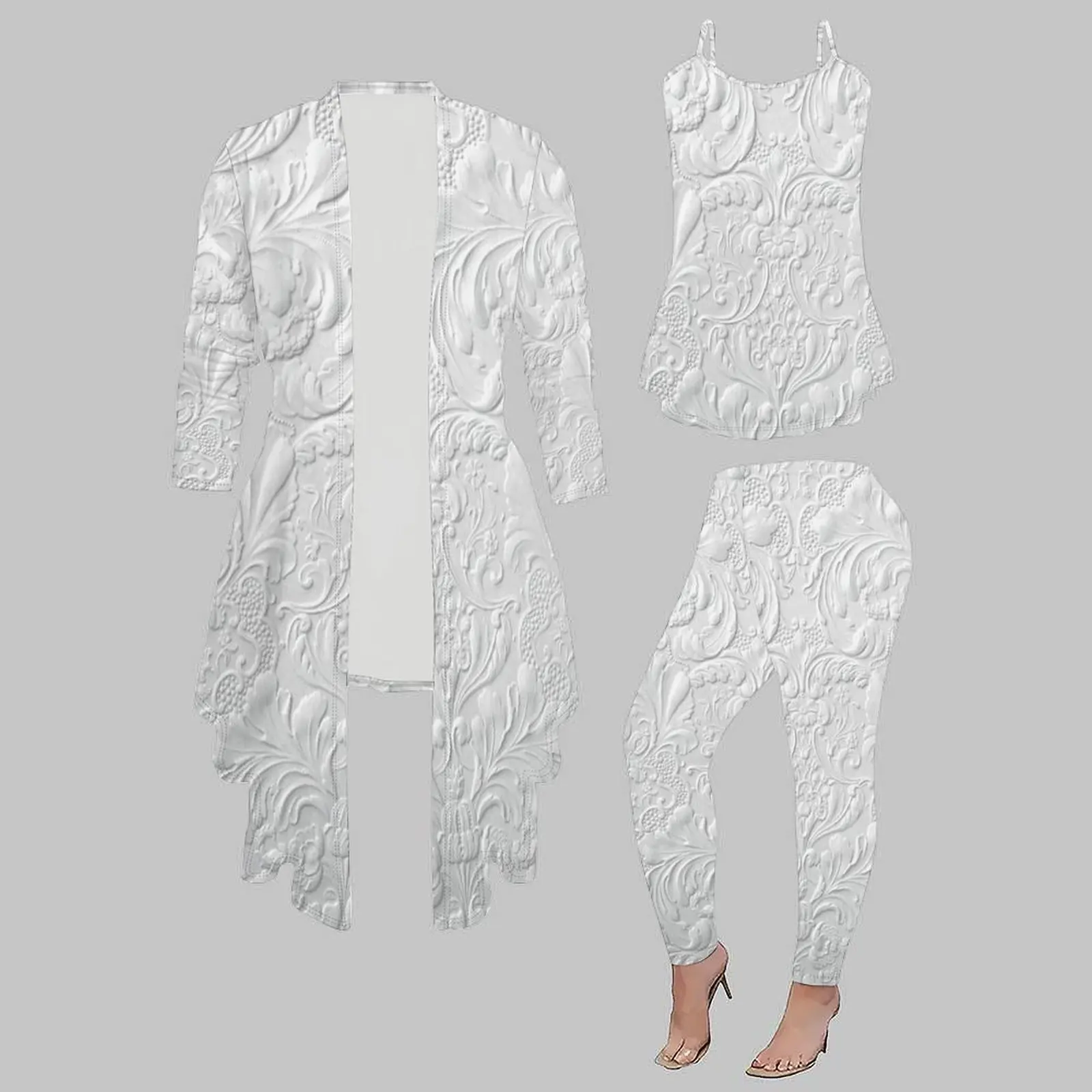 Winter Elegant Tight Pants Daily Street Casu Set Autumn Women's white Printed Coat Sexy Vest Fashion Three Piece Set