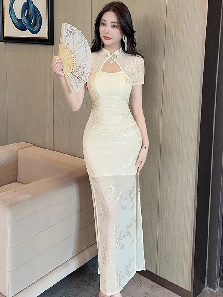 White Jacquard Patchwork Sheer Sexy Cheong Dress for Women 2026 Korean Vintage Evening Dress Spring Elegant Bodycon Party Dress