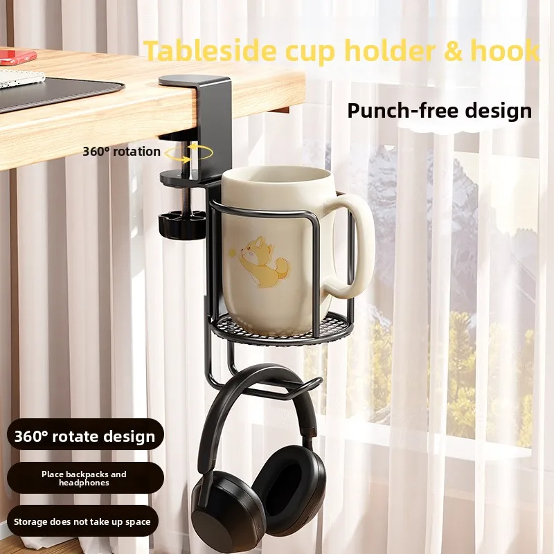 2 in 1 No Drill Desk Cup Holder Adjustable Upgraded Arm Clamp Stand 360 Degree Rotating Table Edge Clamp Anti-Fall Cup Holder