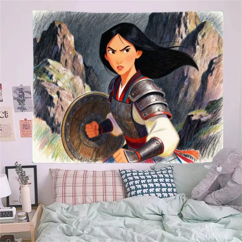 1 szt. Gobelin Disney Mulan Wojowniczka, Wyrazista Moc Dziewczyny Księżniczka Poliestrowa Dekoracja Ścienna do Salonu Sypialni Pokoju Studenckiego.