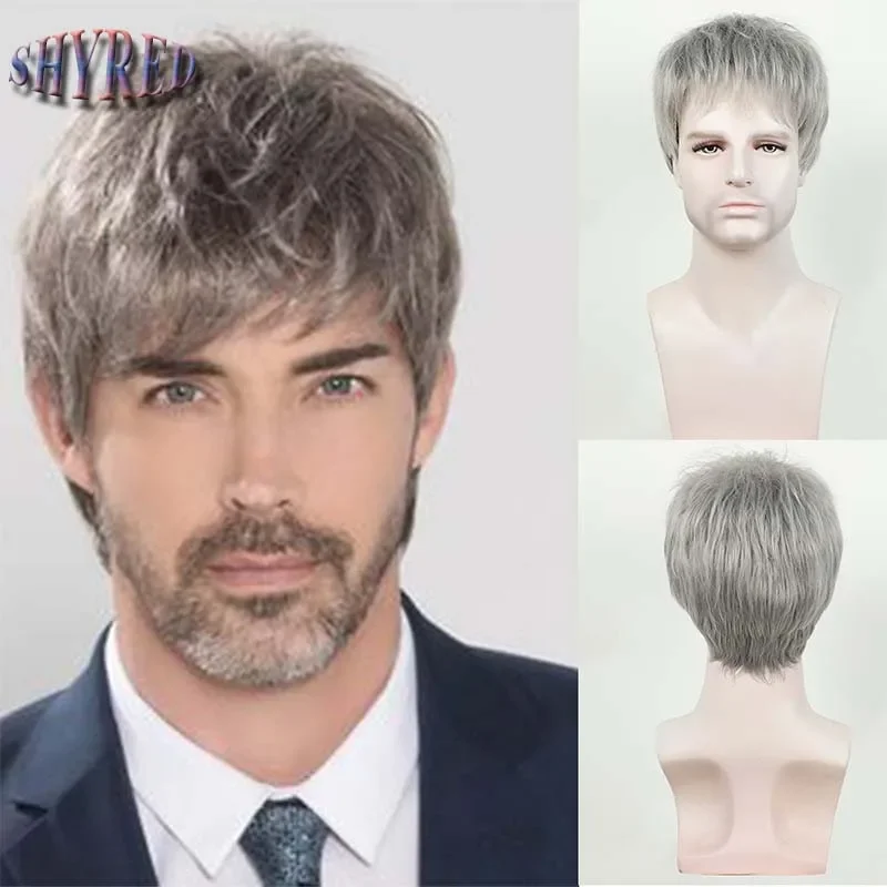 Men's Fashion Short Synthetic Wigs with Bangs Grey Heat Resistant Grandpa Hair Daily Party Wig