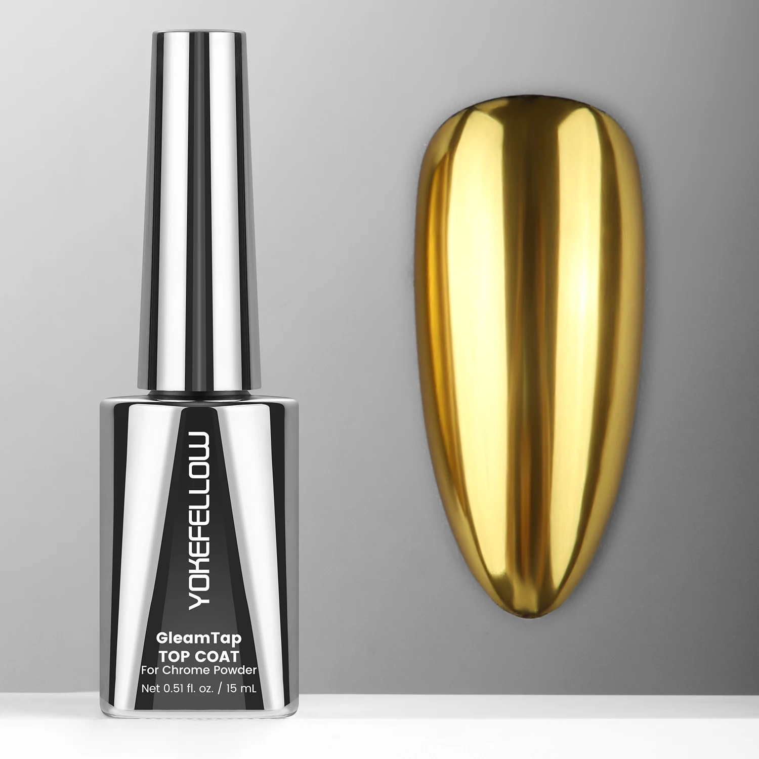 YOKEFELLOW GleamTap Top Coat for Chrome Powder - HEMA & TPO Free Friendly Formula, 15ML Soak off Chrome No-wipe Top Coat with Maximum Retention, Great for Creating Mirror Chrome Nails