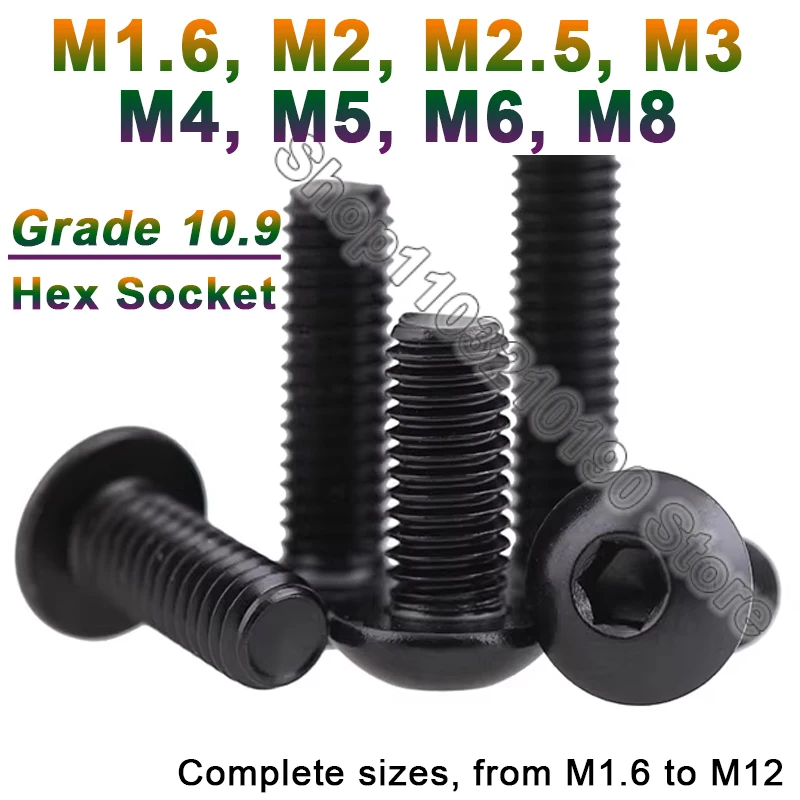 1‑10Pcs ISO7380 Grade 10.9 Black Carbon Steel Button Head Hexagon Hex Socket Bolts Mushroom Pan Round Head Allen Screws M1.6‑M8