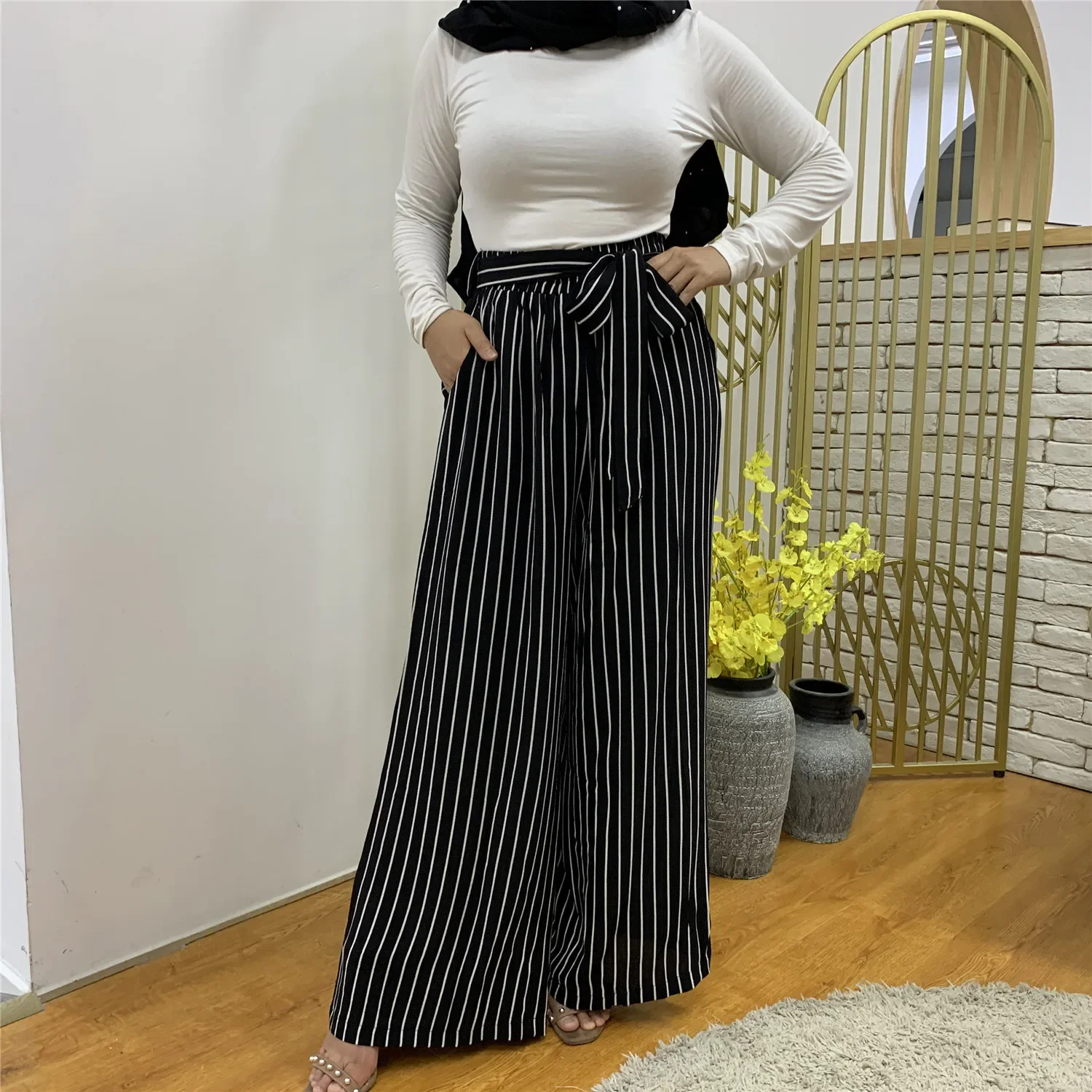 Ramadan Muslim Fashion Streetwear Stripe Wide Leg Pants Women Islamic Modest Clothing Bandage Bell-bottomed Casual Maxi Trouser