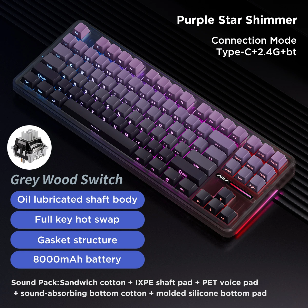 

AULA F87 Pro Mechanical Keyboard 2.4G/USB/Bluetooth Tri-Mode 87 Keys Hotswap RGB PBT Customized Gasket Wireless Gaming Keyboard