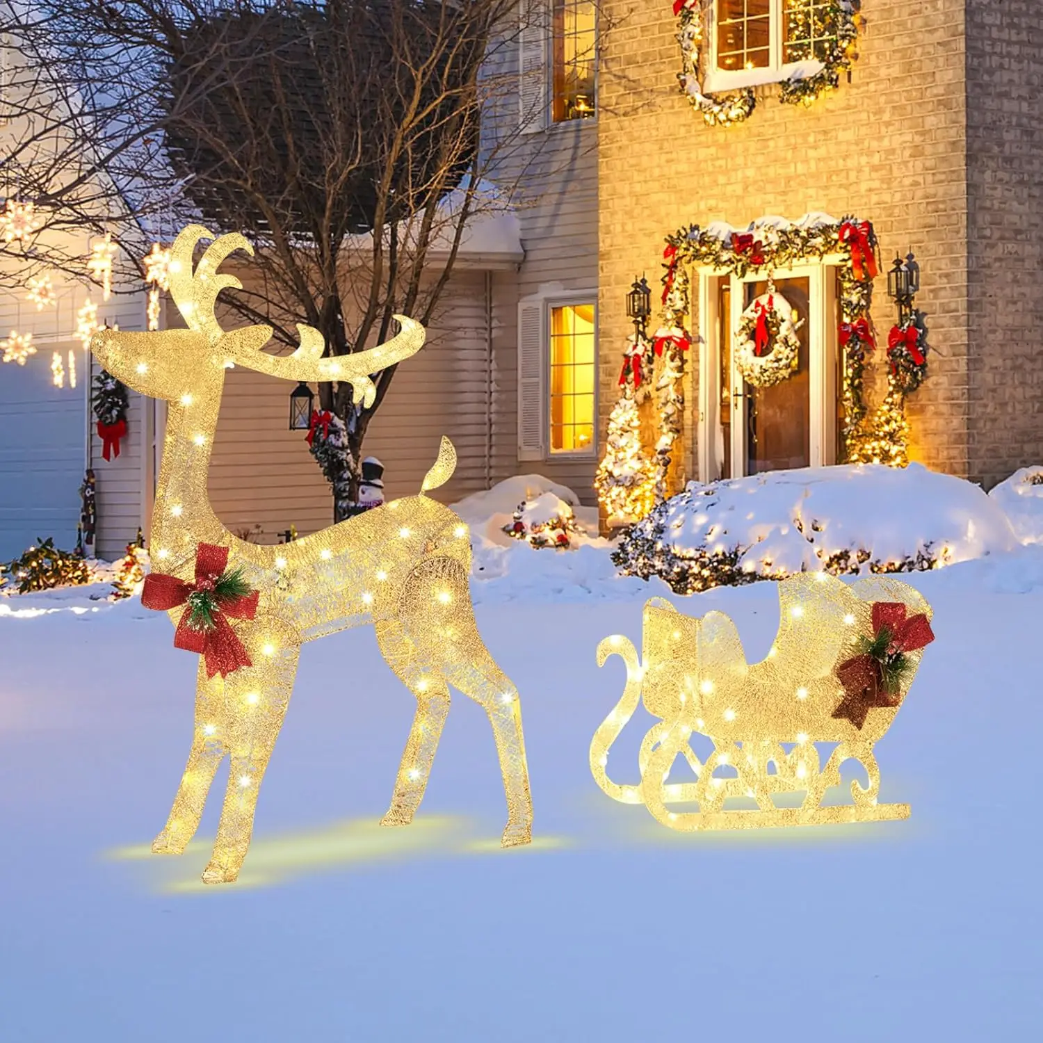 Renne et traîneau de Noël éclairés avec 4.7 lumières chaudes, 100 pieds, 8 piquets de sol, 30 attaches de câble, décoration extérieure de Noël