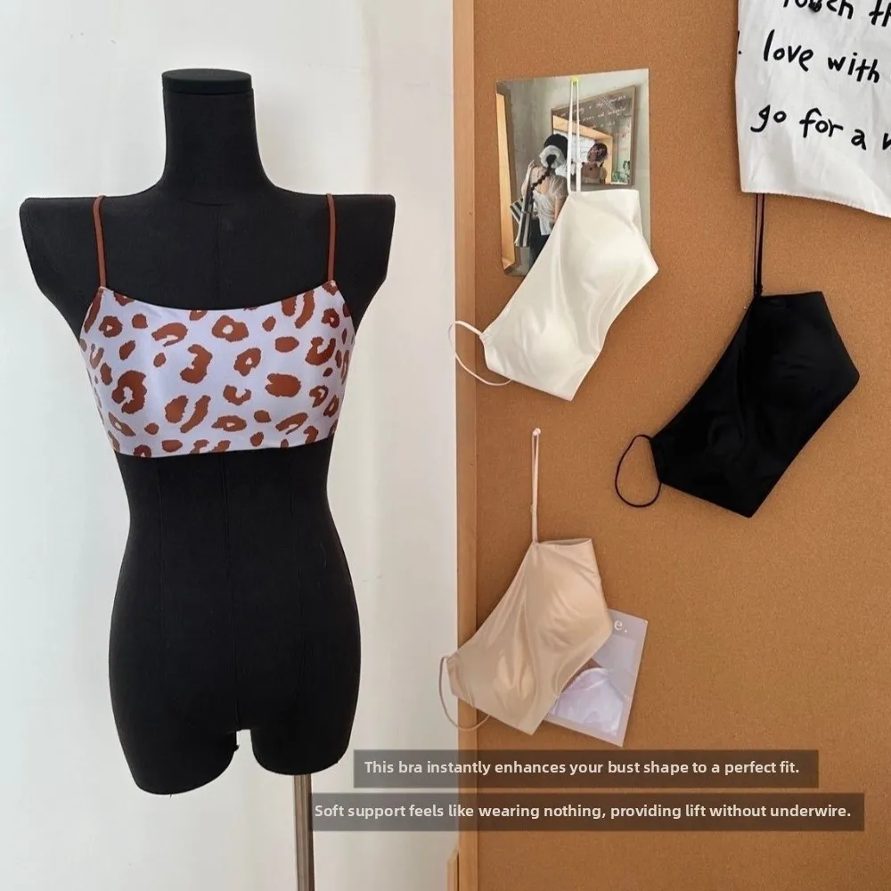 

Thin Shoulder Strap Satin Wireless Bra Boat Neck Leopard Print Seamless Bras Traceless Lingerie Push Up Underwear Girls Ladies