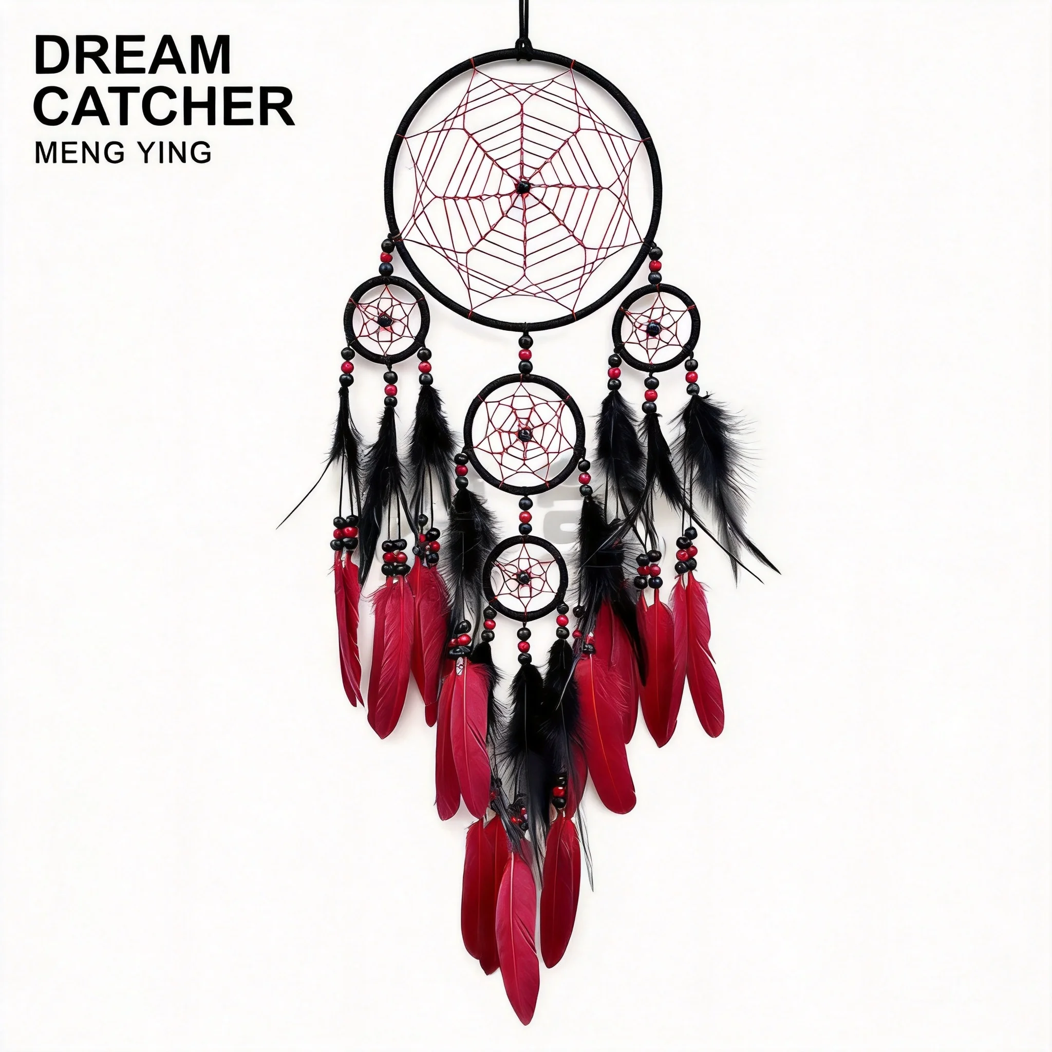 

Handmade 5 Ring Red Black Feather Dream Catcher Wall Hanging Good Luck Home Bedroom Decor Perfect Birthday Gift For Women Girls
